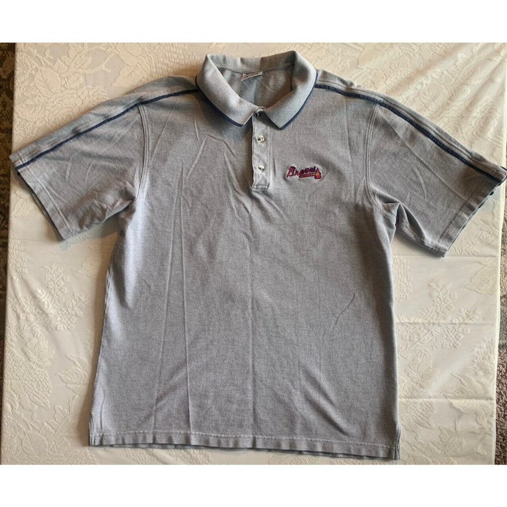 Vintage Atlanta Braves Polo Shirt MLB Men's L Gray Embroidered CSA 100% Cotton